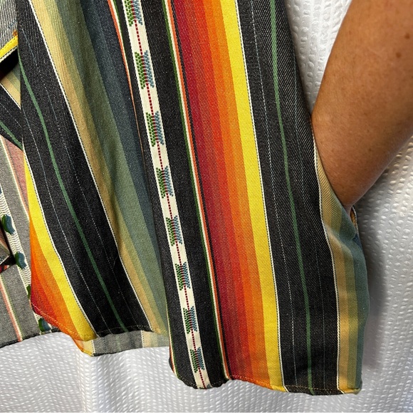 L&B Medium Serape Open Vest Striped Southwest Cowboy Rodeo Green Orange Yellow - Picture 7 of 9